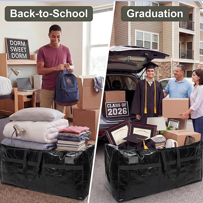 6 Pcs 96 Gallon Extra Large Moving Bags Heavy Duty Storage Bag with Strong Zipper Handle Foldable XXL Jumbo Storage Tote Packing Moving Box for College Dorm Travel Cloth Duffle (Black)