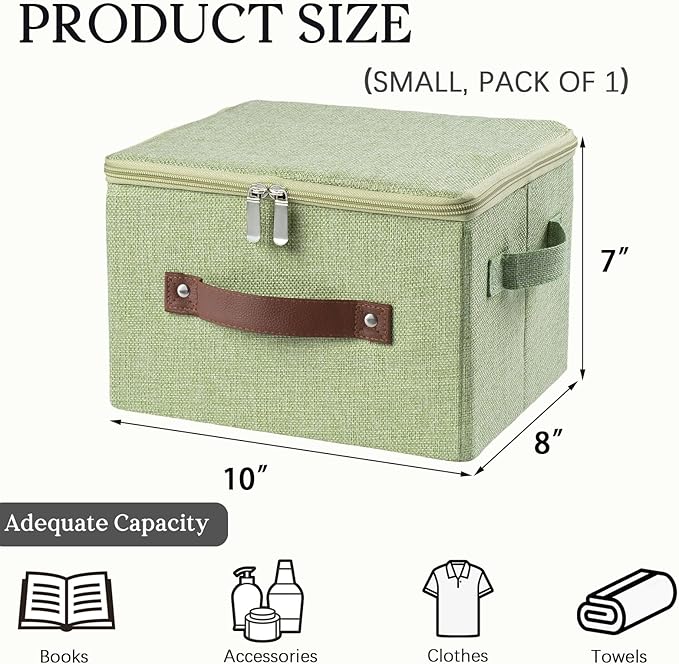 Storage Bins with Zipper Lid Foldable Fabric Lidded Storage Boxes Baskets Cubes Washable Collapsible PU Leather Handle Cotton Linen Fabric Shelf Closet Organizer Container(Green, Small Size)