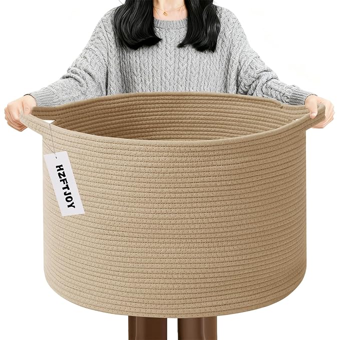 90L Extra Large Blanket Basket,Woven Rope Laundry Basket Hamper with Handles, Decorative Nursery Basket Storage Bin for Toys, Clothes Organizer, Living Room, Bedroom, Bathroom, Camel