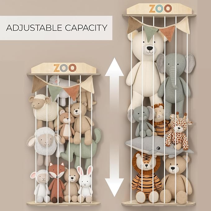 Stuffed Animal Storage Zoo with Decorative Muslin Garland - Cute Wooden Toy Storage Organizer for Kids Playroom or Nursery - Clever and Easy to Assemble Corner Wall Holder Maximizes Small Spaces