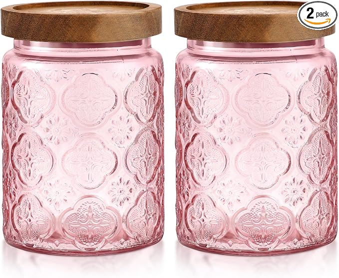 LemonRoad 2 Pcs Vintage Pink Glass Storage Jars 23.7 oz Mason Jar Canister with Wood Lids Food Storage Container for Cookie, Pantry, Candy Kitchen, Coffee, Tea, Flour, Sugar, Decorative Home Decor