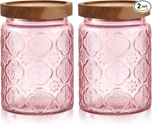 LemonRoad 2 Pcs Vintage Pink Glass Storage Jars 23.7 oz Mason Jar Canister with Wood Lids Food Storage Container for Cookie, Pantry, Candy Kitchen, Coffee, Tea, Flour, Sugar, Decorative Home Decor