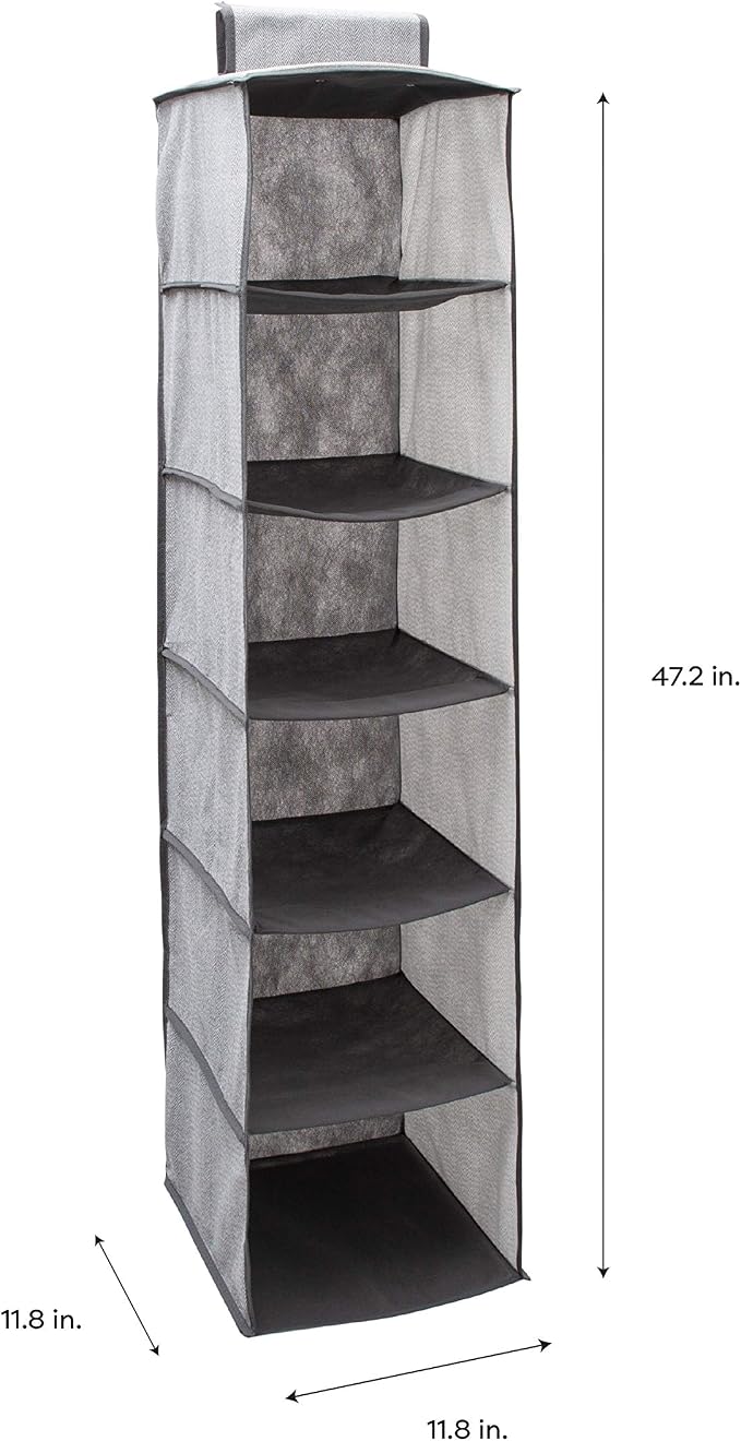 Simplify 6 Shelf Hanging Closet Organizer, Space Saver, Sweater & Clothing Shelves, Breathable Material Keeps Away Dust & Odors, Grey (26606-GREY)