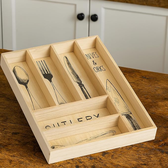 Rustic Wood Cutlery Tray – 6 Slot Flatware Organizer for Kitchen Drawers | Farmhouse Style Silverware & Utensil Storage