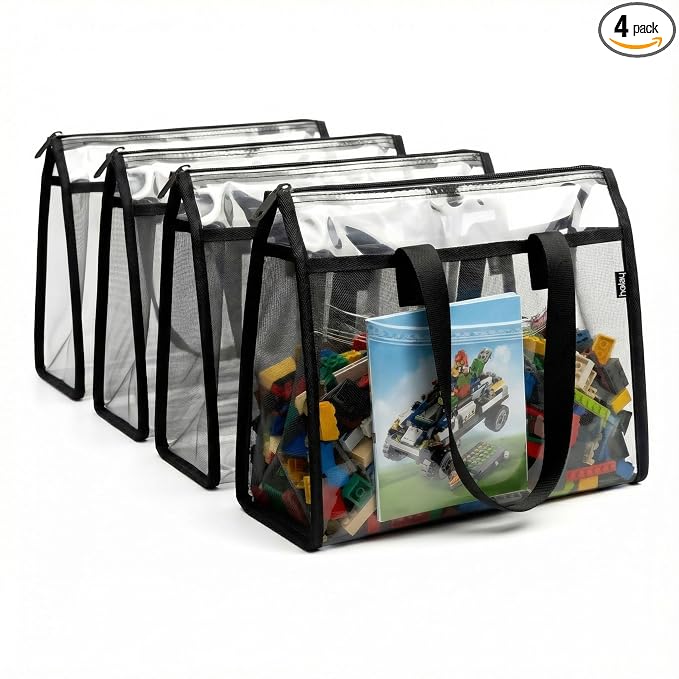 holay 4 Pack Clear Toy Storage Bags with Handle –Playroom Organizer Bins for Kids Toys, Board Games, Busy Bags, and Homeschool Supplies, Transparent PVC Front & Reinforced Base (Black, X-Large)