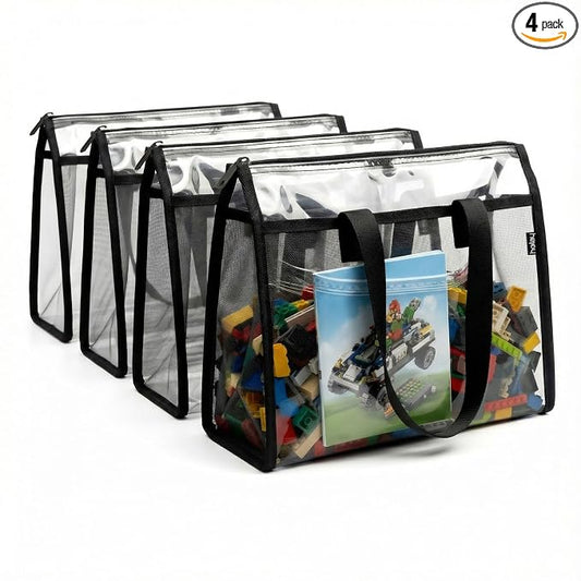 holay 4 Pack Clear Toy Storage Bags with Handle –Playroom Organizer Bins for Kids Toys, Board Games, Busy Bags, and Homeschool Supplies, Transparent PVC Front & Reinforced Base (Black, X-Large)