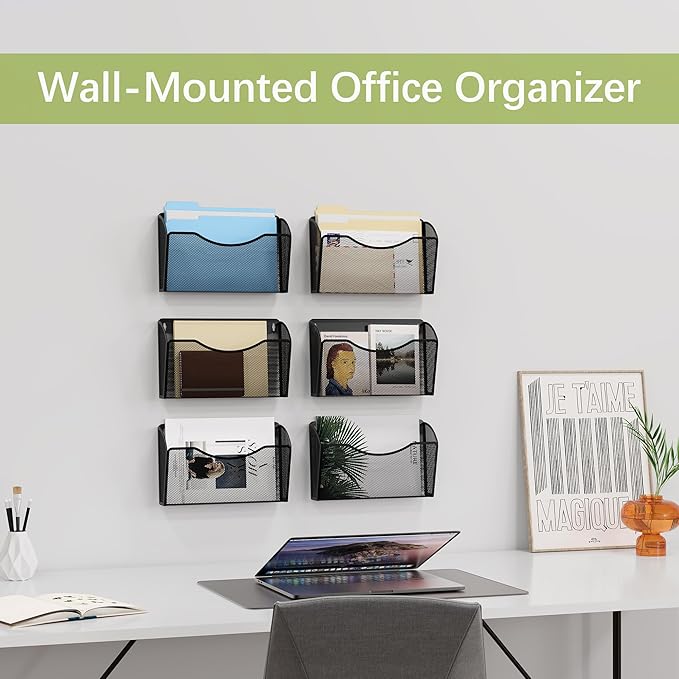 EasyPAG 6 Pack Wall File Organizer, Metal Mesh Hanging File Folder Holder for Letter/A4 Size Folders, Vertical Wall Mount Mail Sorter for Office Paperwork, Classroom, Black