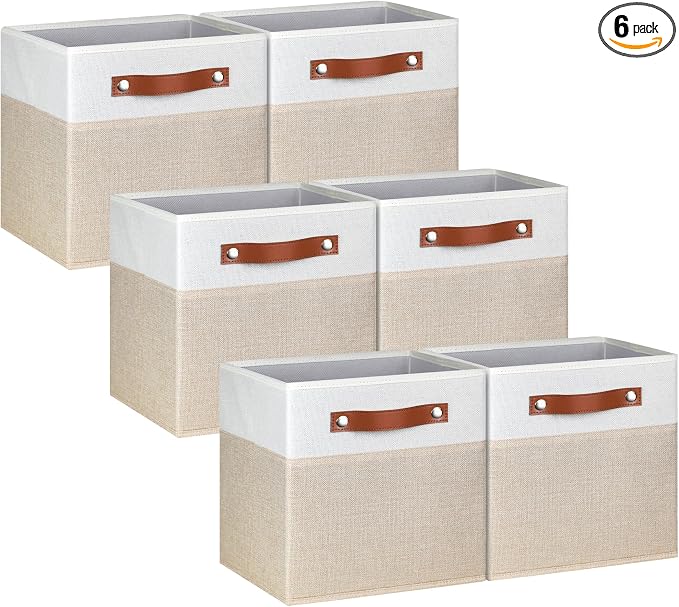 11 Inch Cube Storage Bin - 6 Pack - Linen Fabric 11x11 Cube Storage Bins for Bedroom, Living Room, Clothes and Toys; Foldable, Dual Leather Handles