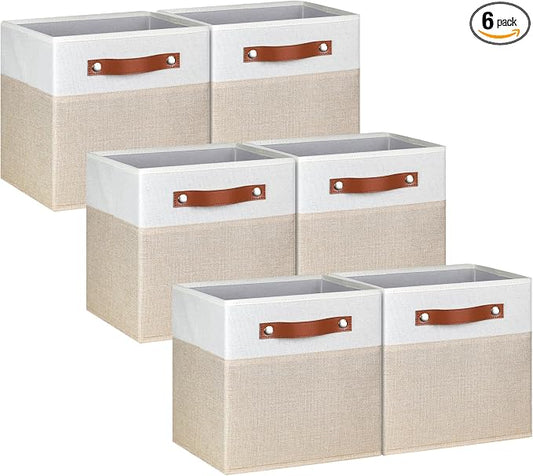 11 Inch Cube Storage Bin - 6 Pack - Linen Fabric 11x11 Cube Storage Bins for Bedroom, Living Room, Clothes and Toys; Foldable, Dual Leather Handles