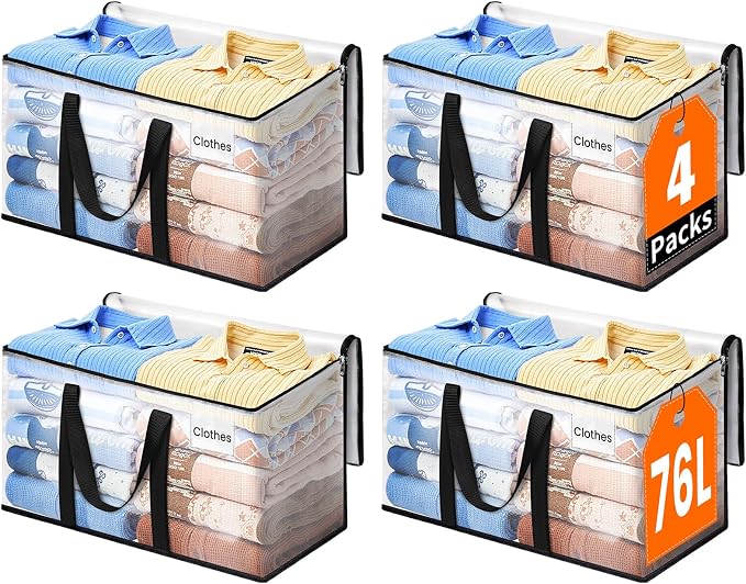 Extra Large Heavy Duty Moving Bags, Storage Bags with Strong Zippers & Handles, Packing Bags for Moving Essentials, Ideal Storage Tote for Home, Dorm & Storage Solutions, 76L, 4 Packs, Clear
