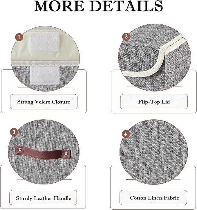 Collapsible Storage Boxes Baskets with Lid Cotton Linen Fabric Storage Bins with Faux Leather Handles Decorative Washable Cube Organizer Container for Home Closet Bedroom (Gray, Large Size)