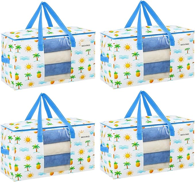 VENO 4 Pack Heavy Duty Moving Bags, Clothes and Comforter Storage Bags with Clear Window, College Dorm Essentials Packing Supplies, Foldable Boxes Alternative (Tropical Island, 4 Pack)
