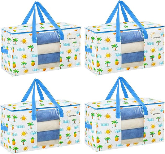 VENO 4 Pack Heavy Duty Moving Bags, Clothes and Comforter Storage Bags with Clear Window, College Dorm Essentials Packing Supplies, Foldable Boxes Alternative (Tropical Island, 4 Pack)