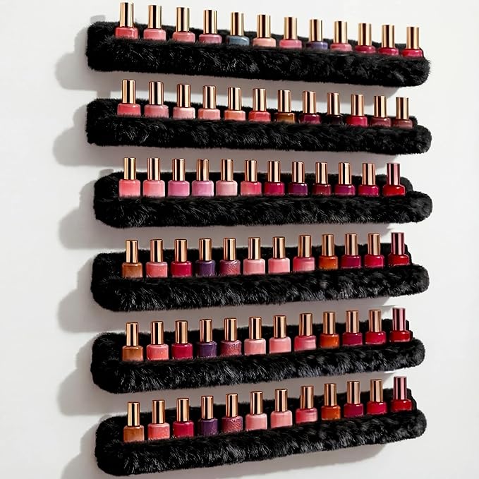 YMVV Wall-Mounted Nail Polish Organizer Rack - 15-Inch Plush Nail Polish Shelf, Makeup & Beauty Essentials Storage - Multi-Purpose Display Holder for Small Space, Vanity Bathroom, 6 Pack Black