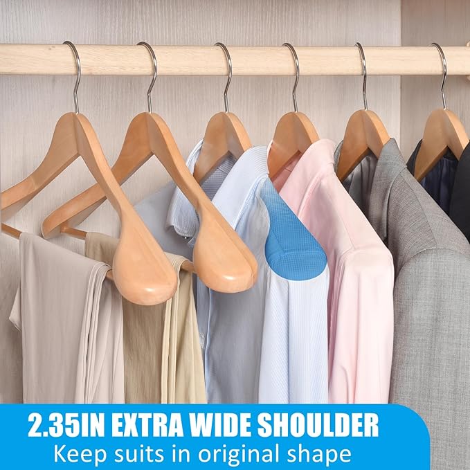 Amber Home 6 Pack Wide Shoulder Wooden Suit Hangers, Natural | Natural Wood Coat Hangers with Non Slip Pants Bar, Clothes Hangers for Jackets, Sweaters, Pants & Heavy Clothes