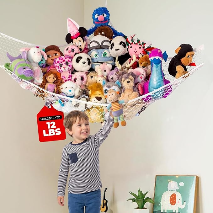 Stuffed Animal Hammock, Large | Corner Stuffed Animal Storage & Plushie Net | Toy Hammock for Stuffed Animals | Holds 12lbs | Easy Hang, All Hardware Included | White Bedroom Decor | by Lilly's Love