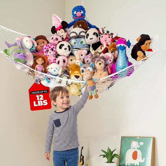 Stuffed Animal Hammock, Large | Corner Stuffed Animal Storage & Plushie Net | Toy Hammock for Stuffed Animals | Holds 12lbs | Easy Hang, All Hardware Included | White Bedroom Decor | by Lilly's Love