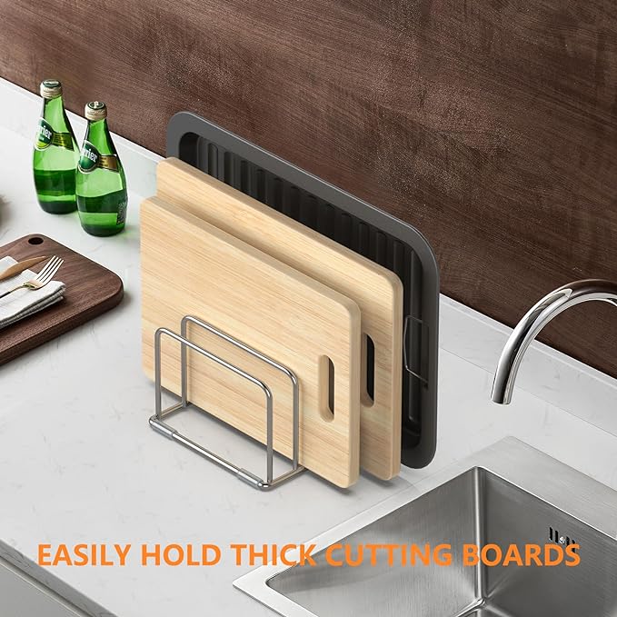 KORRTFID Cutting Board Holder Stand, Chopping Board Storage Rack, Cutting Board Organizer, 304 Stainless Steel Chopping Board Holder, Cookie Sheets Organizer 1.0+1.2 Inch Width Slots (2 PCS)