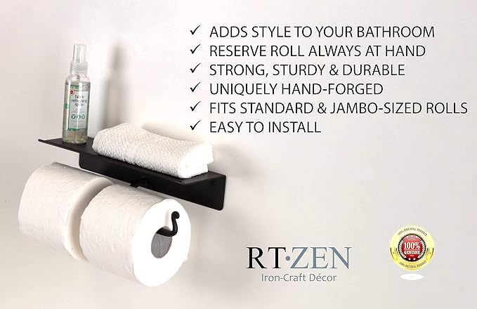RTZEN Bathroom Toilet Paper Holder with Shelf - Handcrafted Rustic Wrought Iron Wall Decor Toilet Roll Holder - Black Matte Wall Mount Bar for Modern Farmhouse Bathroom Decor