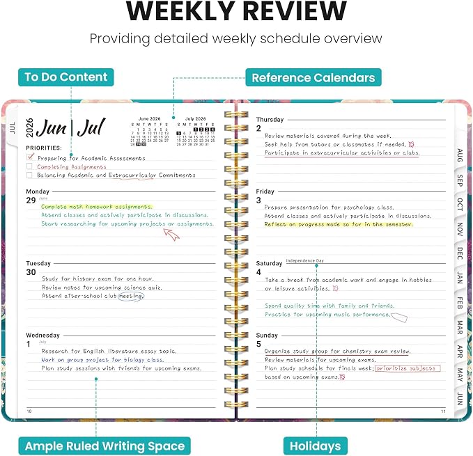 Planner 2026-2027, Hardcover Monthly and Weekly Academic Planner July 2026 - June 2027, Teacher and Student Calendar Agenda Book with Tabs, A5 (6.3" x 8.5"), Ideal for School and Office, Floral Planner, Coral Horizon