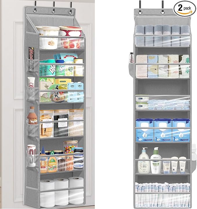 Over Door Organizer with 6 Extra Large Pockets 12 Side Pockets, 2-Pack Sturdy Closet Rack, Hanging Storage Organizer with Clear Window for Shoes, Diapers, Bedroom, Bathroom, Grey