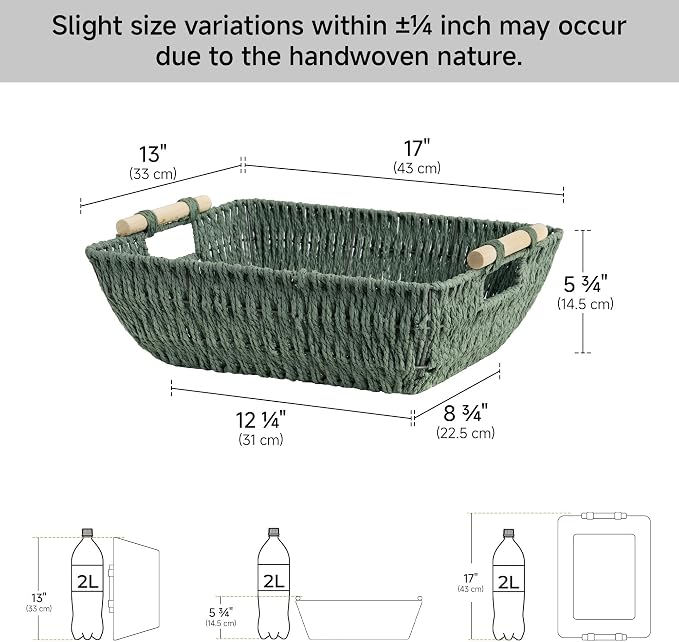 StorageWorks Extra Large Wicker Storage Basket for Organizing with Wooden Handles, Toilet Paper Baskets for Shelf, Sage Green, 2-Pack