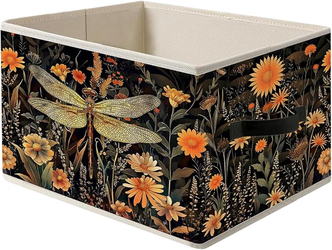 William Morris-style Vintage Dark Cottagecore Floral Dragonfly Storage Bin Box with Handles,Rustic Flower Dragonfly Foldable Organizer Basket Toybox for Girl Dorm Bedroom Bath Clothes Toys Books
