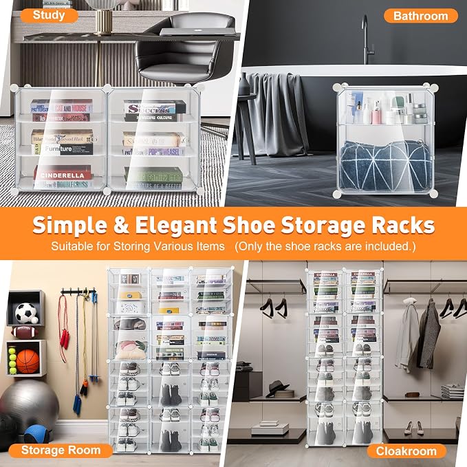 12Pcs 3-Layer Shoe Storage Box, Foldable Shoe Organizer Boxes Capable of Holding 72 Pairs, Plastic Shoe Organizer with Transparent Cover, Free Standing Shoe Rack Expandable for High Heels, Boots