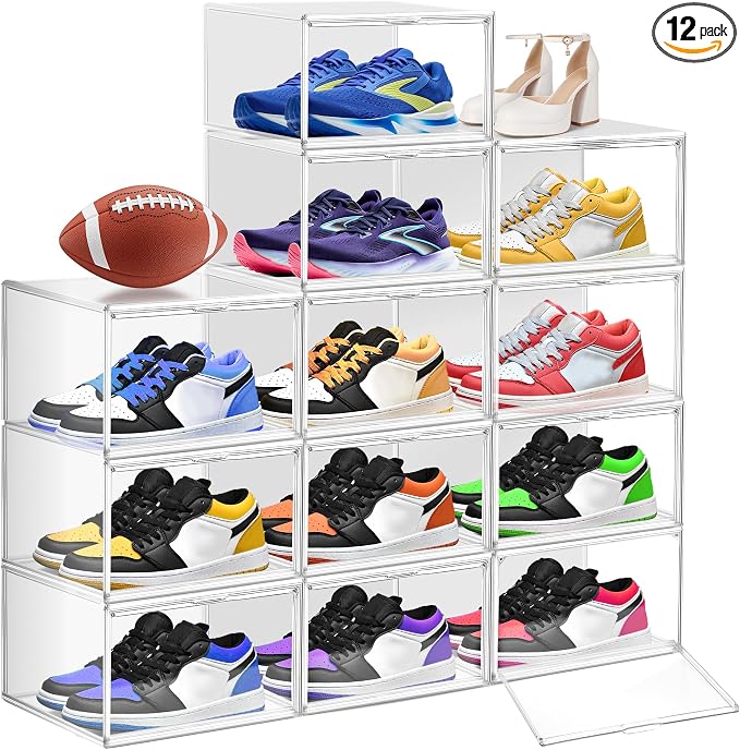 12 Pack Clear Shoe Organizer for Closet, Large Stackable Sneaker Boxes Shoe Display Box Handbag Organizer Plastic Storage Bins with Magnetic lids