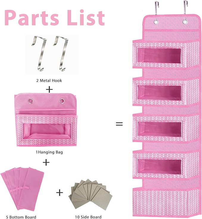 Over The Door Hanging Organizer with 5 Large Pockets - Wall Mount Pantry Storage with 2 Big Metal Hooks for Baby Girl’s Diapers Closet, Bathroom, Nursery, Bedroom, Dorm, Baby, Kids Toys (Pink)
