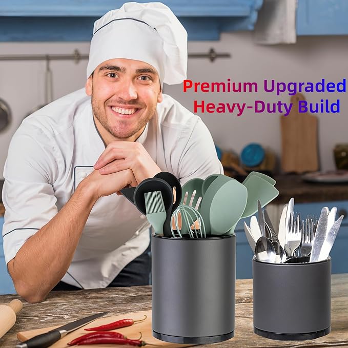 LIBODOUR Kitchen Utensil Holder Extra Large Rotating For Counter Organizer Stainless Steel Storage Cooking Silverware Caddy 3 Compartment Flatware Spoon Spatula Tool Cutlery Container（2 Set Grey）