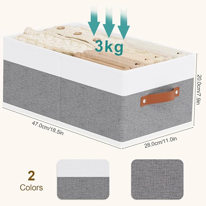 Storage Bins Organizers,18.5×11×7.9In,White/Grey Boxes,2Pack | Clothing Storage Baskets,Fabric Closet Organizer,Foldable Containers with PP Plastic Board,Large Cubes for Clothes,Hat,Books