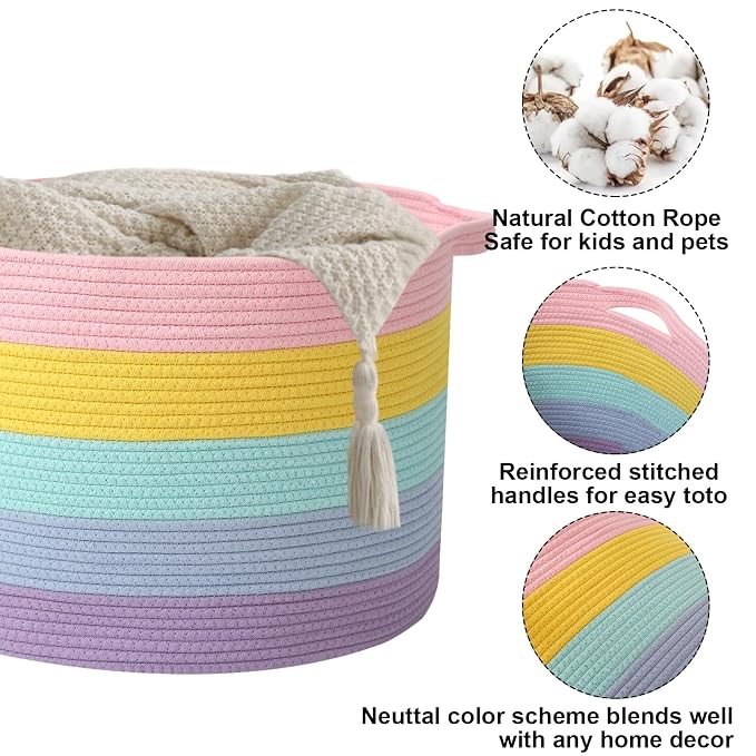 65L Large Blanket Basket,Woven Rope Laundry Basket Hamper with Handles,Decorative Nursery Basket Storage Bin for Toys, Pillows , Clothes Organizer, Living Room, Bedroom, Bathroom, Colorful