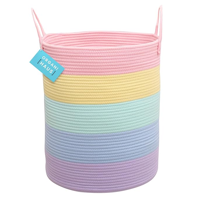 OrganiHaus Rainbow Laundry Basket & Hamper, Nursery Playroom 52L | Rainbow Pastel - Rainbow Cotton Rope Hamper, Nursery 52L