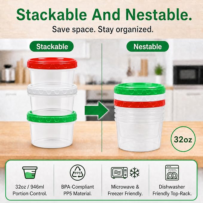 EONJOE 32oz Plastic Freezer Food Leftovers Containers with Lids, 12pcs | Reusable ,Airtight & BPA-free for fresh food. Dishwasher/freezer safe, perfect for daily meal prep, portion control