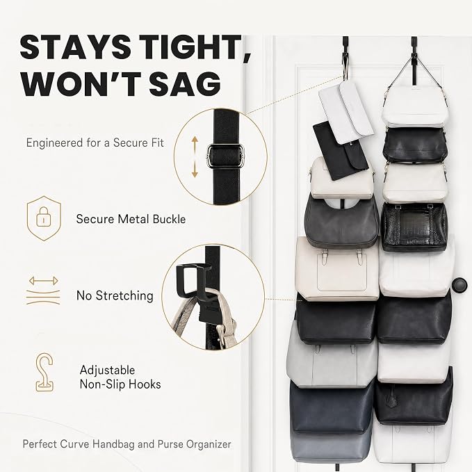 Perfect Curve Handbag and Purse Organizer | Hold up to 9 Bags | Over the Door Organizer | Adjustable Clips | 1 Strap | Black