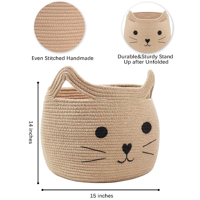 VK VK·LIVING Animal Baskets Large Woven Cotton Rope Storage with Cute Cat Design Laundry Organizer for Towels, Blanket, Toys, Clothes, Gifts – Cat Toy Box Pet or Baby Gift Baskets 15"Lx14H"