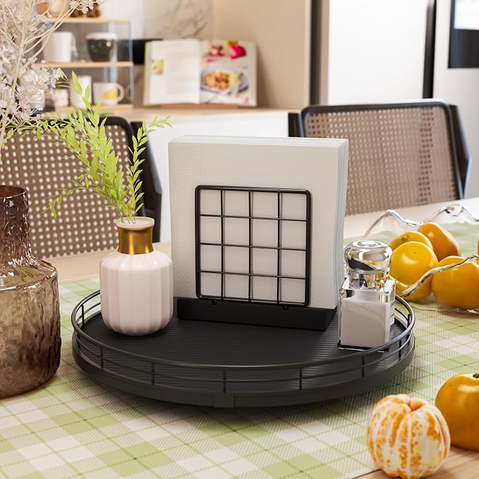 12" Lazy Susan Turntable Organizer for Table Top, Round Wooden Lazy Susan for Cabinet Kitchen Decor Centerpieces Coffee Table, Storage Condiments Spices, Bathroom Vanity Tray for Soap, Black