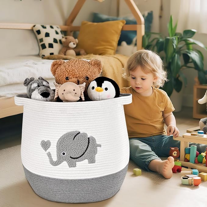 Large Baby Laundry Hamper, Gray Elephant Laundry Basket for Baby, Toy and Blanket Storage Basket for Nursery and Playroom, Cotton Rope Hamper for Kids, 17.7"x15.7"