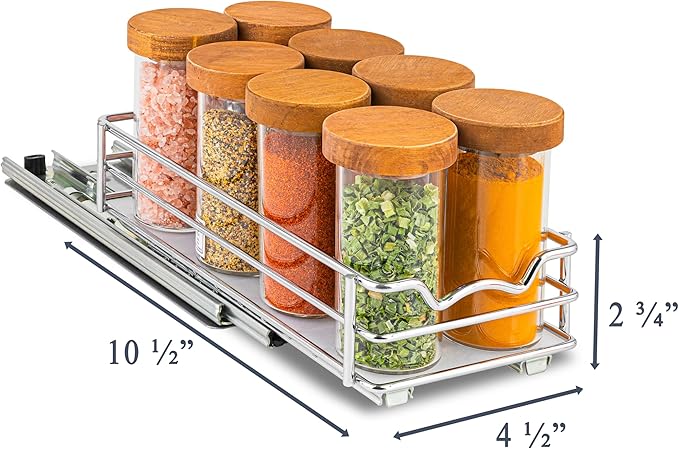 Pull Out Cabinet Organizer for Spices, Cans 4-1/2"W x 10-1/2"D x 2-3/4”H | Heavy Duty with Lifetime Limited Warranty, Pull Out Spice Rack, Cabinet Pull Out Shelf for Cans, Dishes, Etc, Easy to Reach