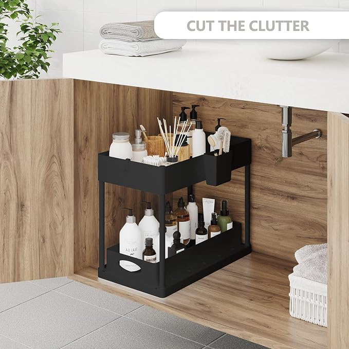 Hearth & Harbor 2-Tier Under Sink Organizer, Black, Plastic, 12" H x 8" W x 15.5" L