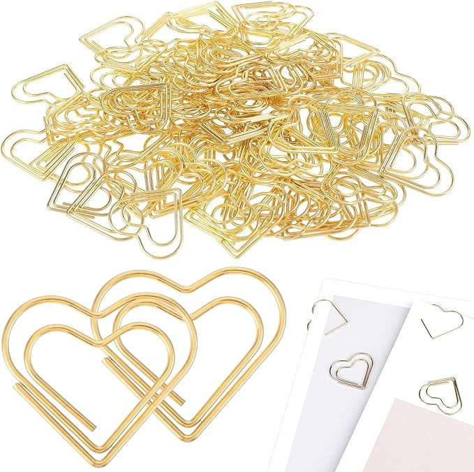 Adullpony Cute Metal Heart Paper Clips: Love Shape Gold Binder Paperclips Mini Bookmark 100Pcs Document Note Sorting Organizer for Wedding Decorative Office Supplies