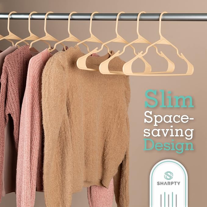Sharpty Plastic Hangers Clothes Hangers for Clothing, Closet, Coats & Shirts - Notched, Durabl & Space Saving - for Everyday Standard Use, Room Essentials & Basics - 50 Pack - Beige