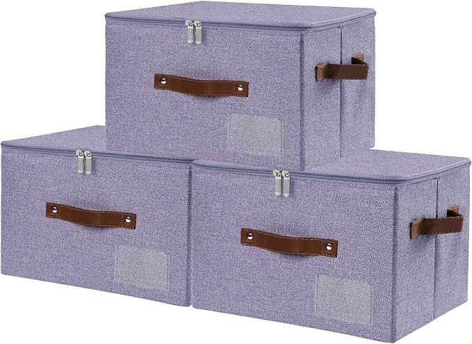 ANMINY 3PCS Storage Bins with Zipper Lid Storage Boxes with Label Holder PU Leather Handles Washable Foldable Decorative Lidded Cotton Linen Fabric Cubes Baskets Closet Organizer - Purple, Medium