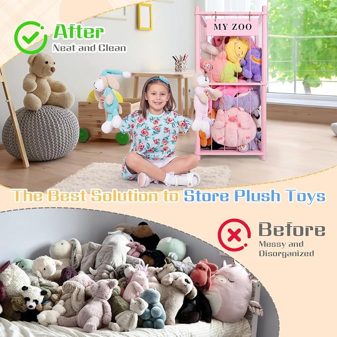 GLDZI Stuffed Animal Storage Zoo, Wooden Stuffed Animal Organizer with Elastic Cords for Boys Girls, Space Saving Toy Plushies Storage Holder for Playroom, Bedroom, Living Room (Pink, Small)