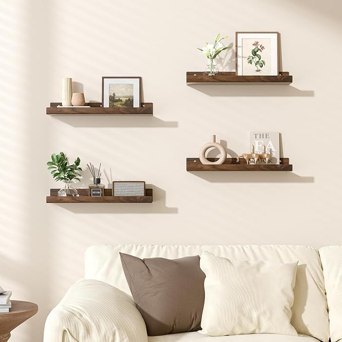upsimples 4 Pcs 15" Acrylic Shelves for Wall Decor and Display, Walnut | Cute Floating Shelf for Perfume, Skincare, Nail Polish, Wall Organizer for Bedroom, Living Room, Playroom, Room Décor