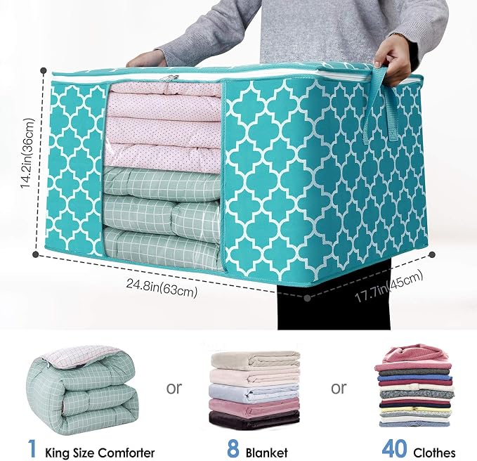 WISELIFE Storage Bags 100L 4-Pack Large Blanket Clothes Organization and Storage Containers for Bedding, Comforters, Foldable Organizer with Reinforced Handle, Clear Window, Sturdy Zippers,Green