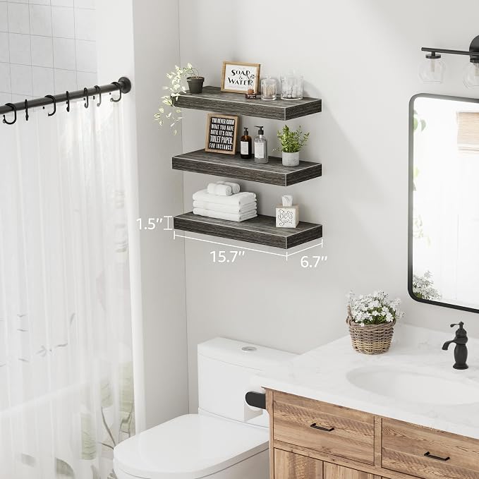 QEEIG Floating Shelves for Wall Bathroom Shelf Bedroom Kitchen Living Room Hanging Book Shelves Small Farmhouse Decor 16 inch Set of 3, Grey (015-GY3)