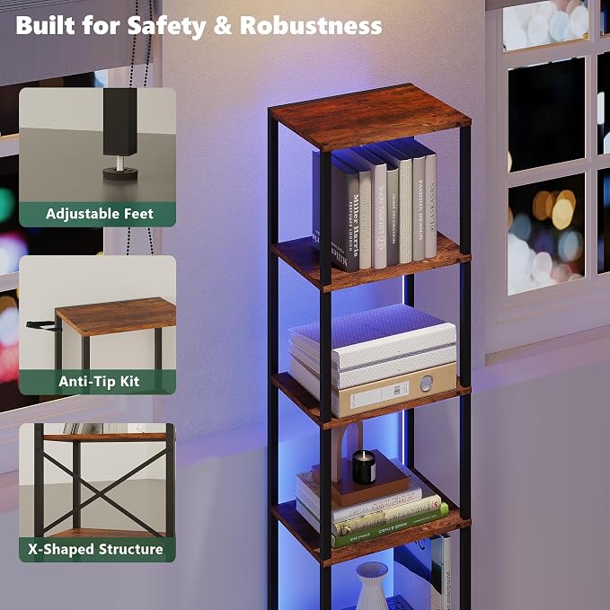 JARHETUN 6-Tier Bookshelf, Tall Narrow Bookcase with LED Lights, Book Shelf with Steel Frame, Display Storage Shelf for Living Room, Bedroom, Home Office, Study, Balcony, Rustic Brown