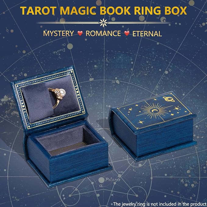 Vintage Magic Book-Shaped Ring Box Starry Sky Pattern PU Leather with Magnetic Closure for Proposal Engagement Gift (Blue)